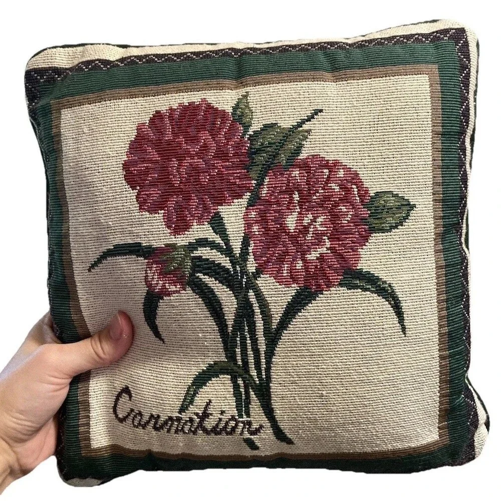 Flower Tapestry Throw Pillow 12” Square Pink Carnation Cottagecore 90s Spring